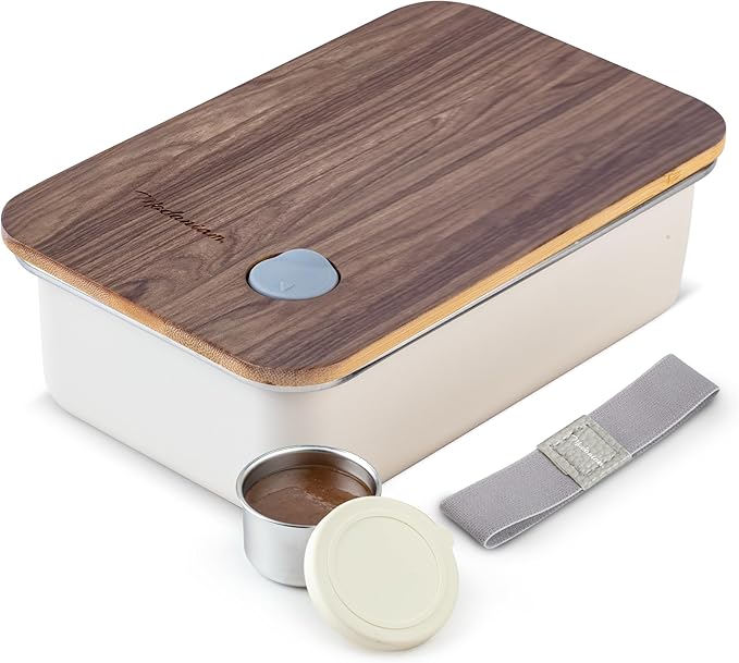 Leak Resistant Stainless Steel Bento Box For Adults|Stainless Steel Lunch Box for Adults |44Oz| BentoBox/Lunchbox| Lunch Container | Microwave Safe (Bottom container) |Bamboo Lid- Vanilla