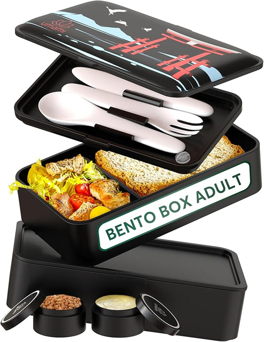 Umami Bento Box Adult All-In-1 w/4 Utensils, 2Sauce Jars, 2 Dividers, 100% Leakproof, Microwave & Dishwasher Safe, Stackable Bento Lunch Box Containers for Men/Women, White Bamboo, 40 oz
