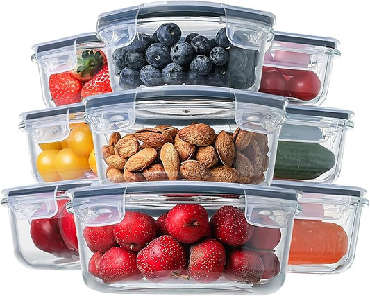 HOMBERKING Glass Food Storage Containers with Lids, [18 Piece] Glass Meal Prep Containers, Airtight Glass Lunch Bento Boxes, BPA-Free & Leak Proof (9 lids & 9 Containers) - Grey