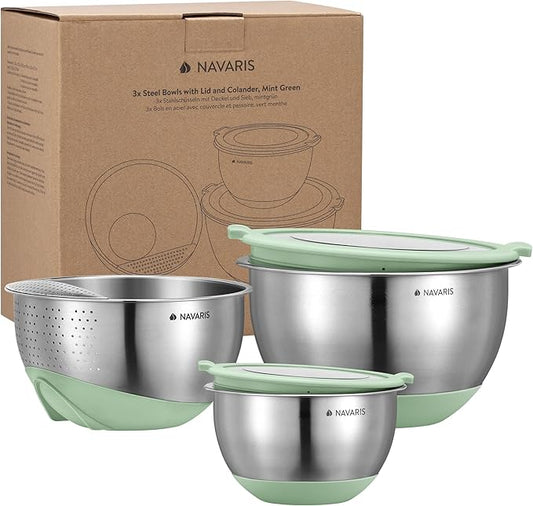 Navaris Set of 3 Stainless Steel Bowls with Lids & Colander - Large & Small Bowl with Lid & Non-Slip Base - Ideal for Mixing, Baking, and Serving Salad & Fruit - Metal & Mint Green