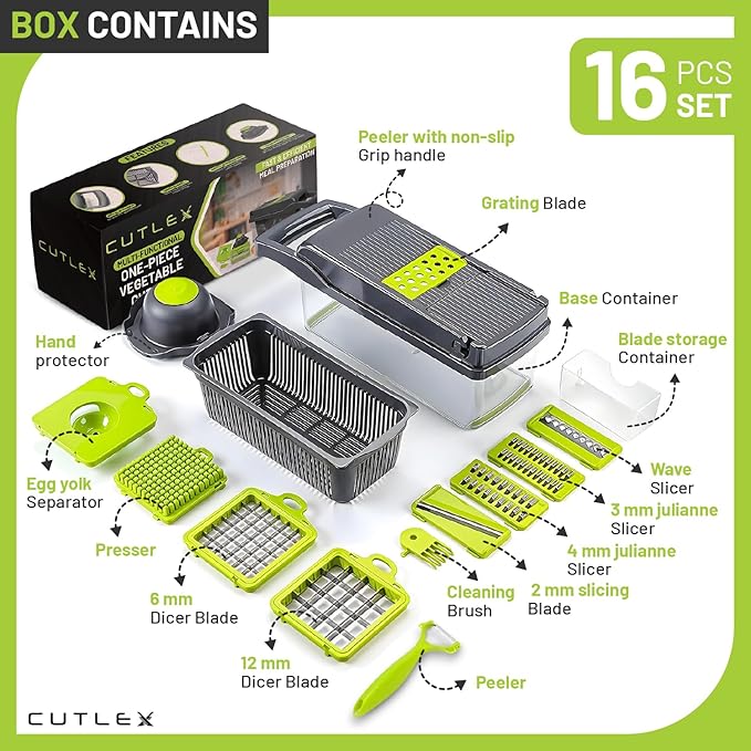 16 in 1 Stainless Steel Vegetable Chopper, Mandoline Slicer, Onion Chopper, Food Cutter with Container, Cheese Grater