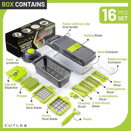 16 in 1 Stainless Steel Vegetable Chopper, Mandoline Slicer, Onion Chopper, Food Cutter with Container, Cheese Grater