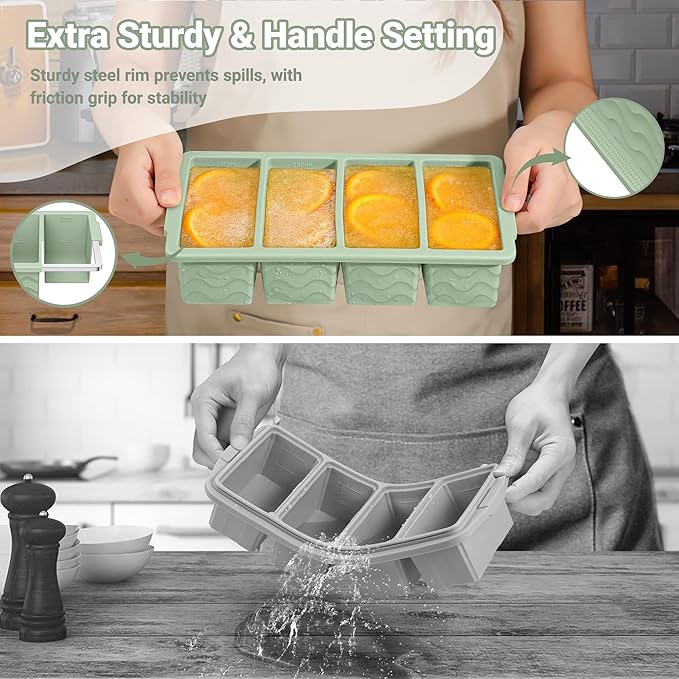 Silicone Freezer Tray for Soup with Lid – 1-Cup Soup Container Cube Style Ice Cube Trays for Freezer, Meal Prep & Food Storage, Freeze 250mL/125mL Portions – 2 Pack