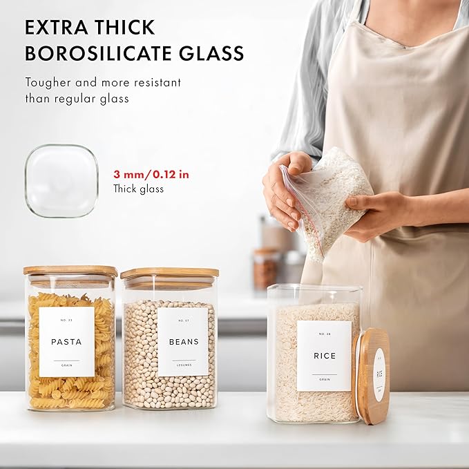 Glass Storage Containers with Bamboo Lids 37fl.oz [Extra Thick Glas] with 72 Pantry Labels - Canister For Pantry Noodles Flour Cereal Rice Sugar Tea Coffee Beans - Square Set of 4x