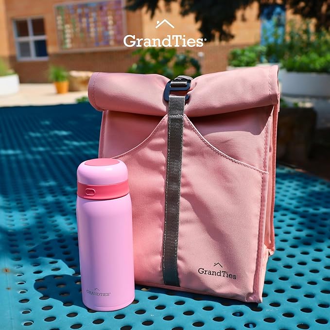 GRANDTIES Insulated Lunch Bag for Women, Men, Adults - Rolltop Leak Proof Meal Prep Lunch Box Containers, Reusable Snack Bags, Travel Cooler, Small Soft Cooler Bag, Fold Top Sandwich Bags, Pink