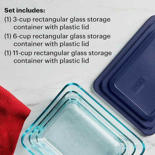 Pyrex Simply Store (3-Pack) Rectangular Glass Food Storage Containers Set, (3, 6 & 11 Cup) Meal Prep Containers With BPA-Free Lids, Dishwasher & Microwave Safe
