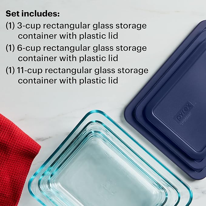 Pyrex Simply Store 6-Pc Glass Food Storage Container Set with Lids, 3-Cup, 6-Cup, & 11-Cup Rectangular & 3 Piece Glass Measuring Cup Set, Includes 1-Cup, 2-Cup, and 4-Cup Tempered Glass