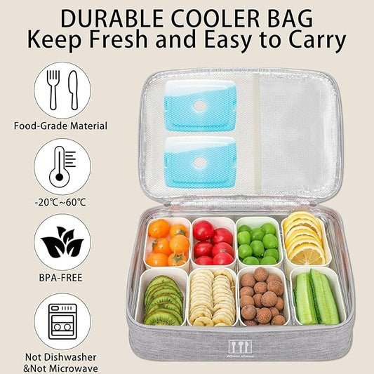 Snack Box Container with Insulated Cooler Bag, Divided Serving Tray with Lid and Handle Beach Essentials, Snackle Box Veggie Fruit Tray with 8 Compartments & 8 Forks & 2 Spoon
