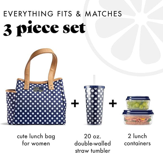Fit & Fresh Lunch Bag For Women, Insulated Womens Lunch Bag For Work, Leakproof & Stain-Resistant Large Lunch Box For Women With Containers and Matching Tumbler, Zipper, Westerly Lunch Bag, Navy Dot