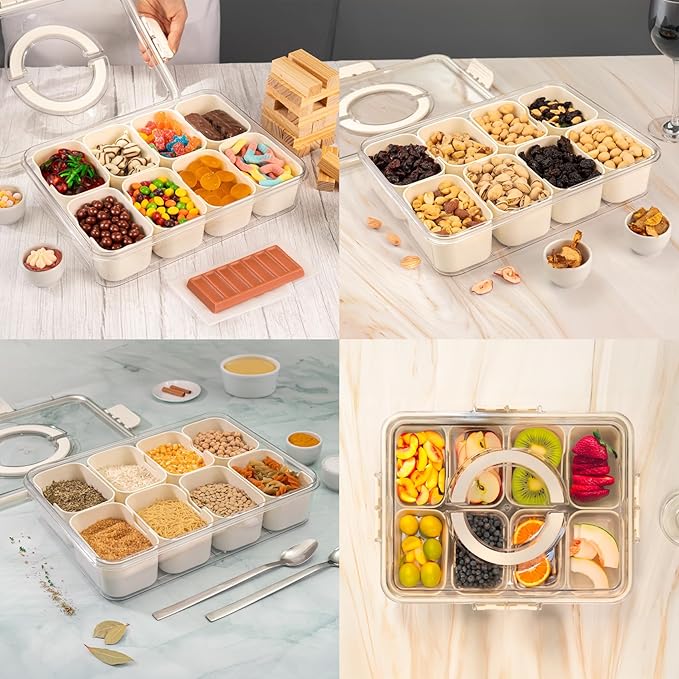 Divided tray with lid and handle, square food storage with 8 compartments, clear organizer for candies, fruits, nuts, and snacks. Perfect for parties and entertainment., Ivory White