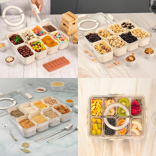 Divided tray with lid and handle, square food storage with 8 compartments, clear organizer for candies, fruits, nuts, and snacks. Perfect for parties and entertainment., Ivory White