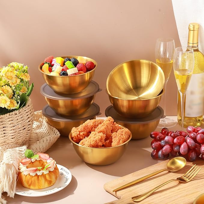 Nuogo 24 Pcs Gold Stainless Steel Mixing Bowls with Airtight Lids 6.7 Inch Gold Esthetician Bowls for Ramadan Serving Facial Salad Fruit Snack Soup Cereal Wedding Party