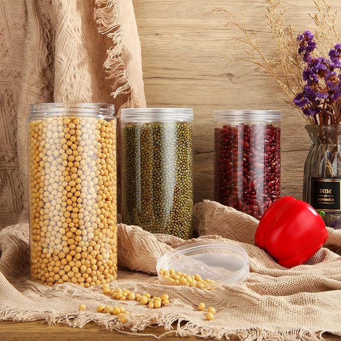 6 Pack 46oz/1360ml Large Plastic Jars with Lid, Wide Mouth Empty Clear PET Storage Containers with Lid, Tall Plastic Candy Cylinder Storage Jars for Dry Food, Peanut, Powder, Kitchen, Snacks
