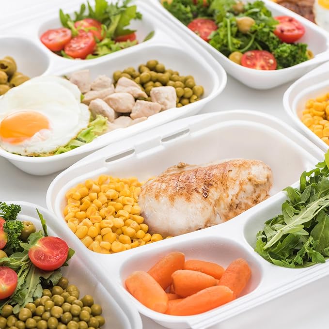 Freshware Clamshell Food Containers with Lids [9x9] 3-Compartment 50-Pack, Disposable To Go Containers, Biodegradable Sugarcane To Go Boxes - Paper Containers - Microwave & Freezer Safe, Stackable