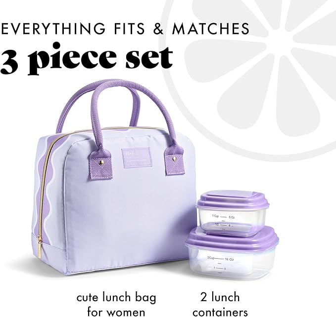 Fit & Fresh Lunch Bag For Women, Insulated Womens Lunch Bag For Work, Leakproof & Stain-Resistant Large Lunch Box For Women With Containers, Zipper Closure Bloomington Lunch Bag, Lavender Scallop