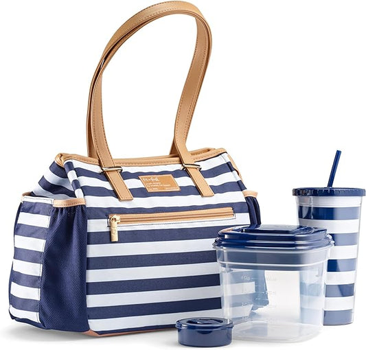 Fit & Fresh Lunch Bag For Women, Insulated Womens Lunch Bag For Work, Stain-Resistant Large Lunch Box For Women With Salad Container and Matching Tumbler, Zipper, Copley Lunch Kit, Navy Stripe