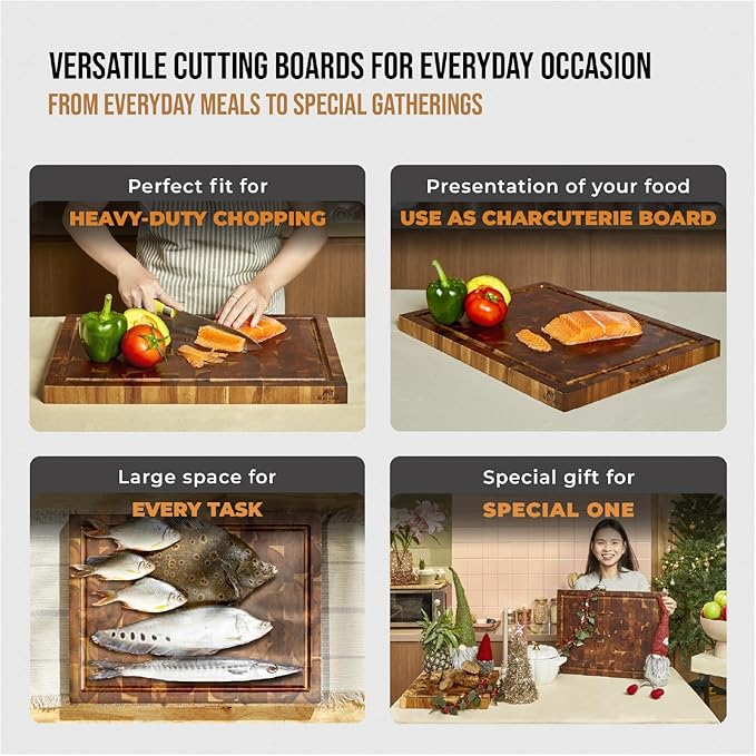 Bearchop Acacia Wood Cutting Boards for Kitchen, [20"x15"x1.25"] Large End Grain Cutting Boards, Solid Wood Butcher Block Cutting Board with Juice Grooves and Handle, Knife Friendly, Reversible