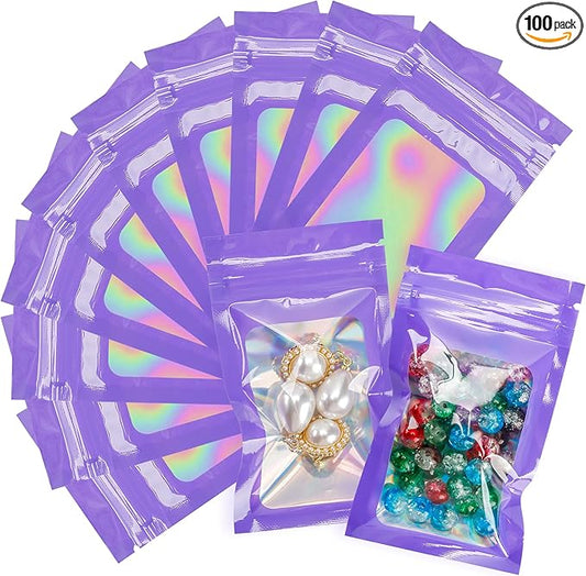 100 Pack Purple Holographic Bags Smell Proof Packaging Bags with Window for Food Storage and Small Business(2.4×4Inch)