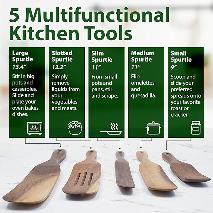 5 Pcs Wooden Spurtle Set - 100% Natural Acacia Wood Cooking Utensils Set - Safe for Nonstick Cookware - Stirs Like a Spoon, Flips Like A Spatula - Spurtles Kitchen Tools Wooden As Seen On TV Paddle