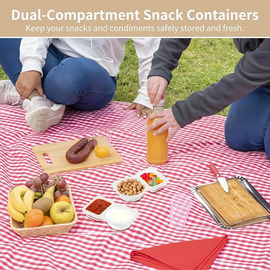 OMISTAR 50 Pcs Double Condiment Containers, Double Compartment Containers with Lids, Square and Round Dual-Compartment Snack Containers, Clear Portion Cups for to-go Sauce, Sampling, Travel
