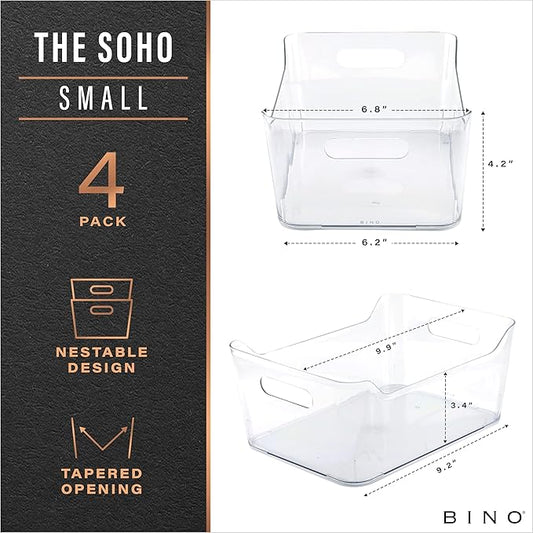 BINO | Plastic Organizer Bins, Small - 4 Pack | The SOHO Collection | Multi-Use Plastic Bin | Pantry & Freezer Organizer Bin | Storage Containers | Bins for Home & Kitchen Org