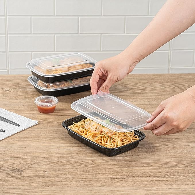 Restaurantware Asporto 16 Ounce To Go Boxes 100 Microwavable Round Soup Containers - Clear Plastic Lids Included Do Not Contain BPA Black Plastic Catering Food Containers Disposable
