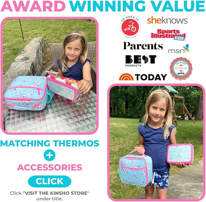 kinsho Bento Lunch Box with Water Bottle, Insulated Bag & Ice Pack Set for Kids Toddlers Girls, 4 Portion Sections, Removable Tray, Pre-School Kid Toddler Daycare Lunches, Snack Container, Pink Koala
