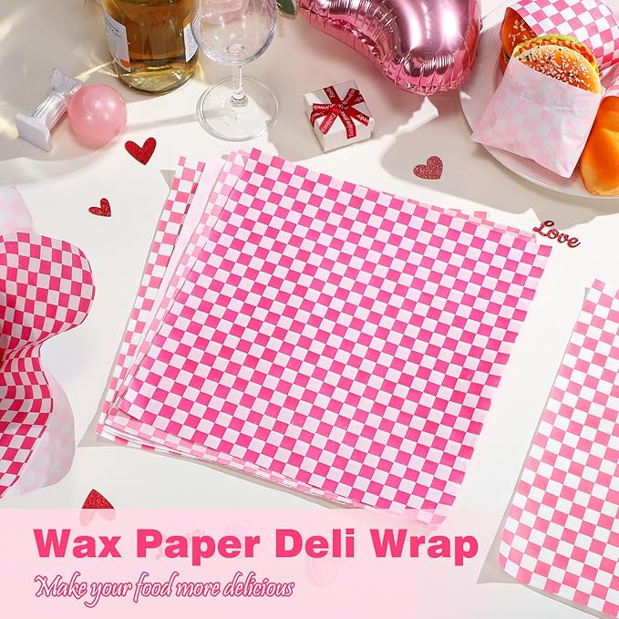 1000 Sheets Wax Deli Paper Sheets for Food 12 x 12 Inch Checkered Dry Waxed Deli Basket Liners for Sandwich Wrapping, Food Basket Liners, Picnic party(Pink-white)