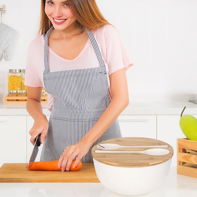 GEHE Bamboo Salad Bowl with Servers Set - Large 9.8 inches mixing bowls Solid Bamboo Salad Wooden Bowl with Bamboo Lid Spoon for Fruits,Salads and Decoration (White, 9.8INCH)