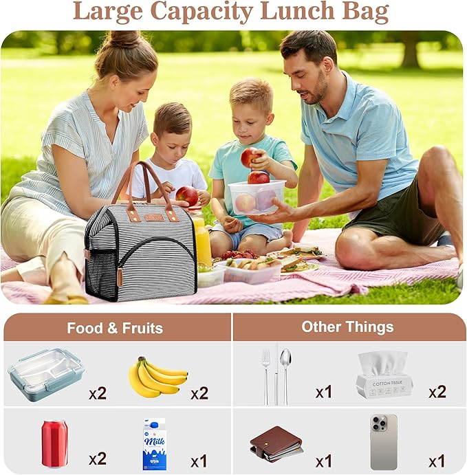 LOKASS Lunch Bag Insulated Lunch Box Wide-Open Lunch Tote Bag Large Drinks Holder Durable Canvas Thermal Snack Organizer for Women Men Adults Work Picnic Hiking Beach Fishing,Stripes