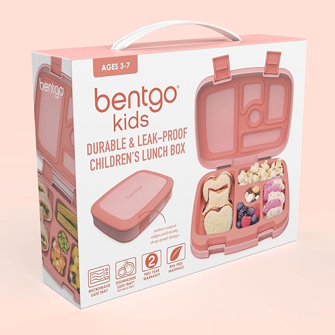 Bentgo Kids Bento-Style 5-Compartment Leak-Proof Lunch Box - Ideal Portion Sizes for Ages 3 to 7 - Durable, Drop-Proof, Dishwasher Safe, BPA-Free, & Made with Food-Safe Materials (Coral)