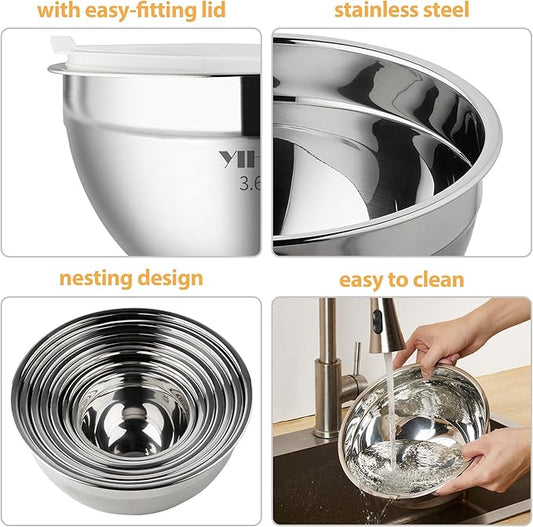 YIHONG 7 Piece Metal Mixing Bowls with Lids for Kitchen, Stainless Steel Set Ideal for Baking, Prepping, Cooking and Serving Food, Nesting Design for Space Saving Storage(White)