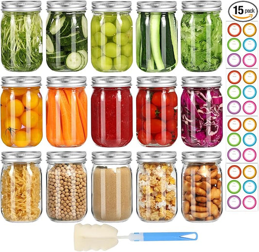 Mason Jars 16 oz with Lids and Bands, 15 Pack Regular Mouth Canning Jars, Clear Glass Jars for Canning, Food Storage and Fermenting, Labels & Brusher Included - Microwave & Dishwasher Safe