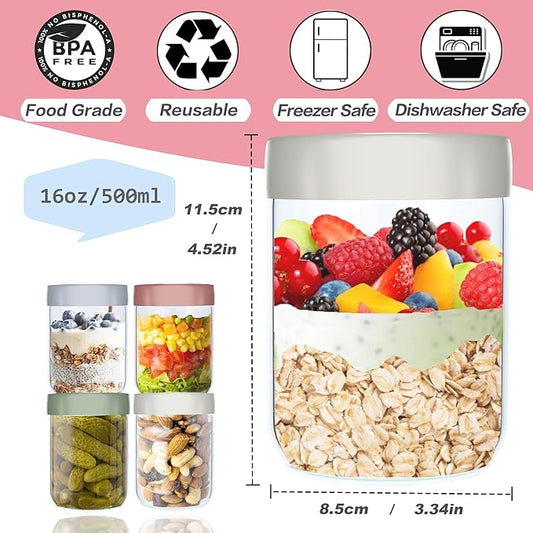 4 Pack 16Oz Glass Jars with Lids, Overnight Oats Containers with Lids, Wide Mouth Mason Jar Airtight Glass Food Storage Containers for Snacks Salad Fruit Yogurt Cereal Meal Prep Leak-Proof