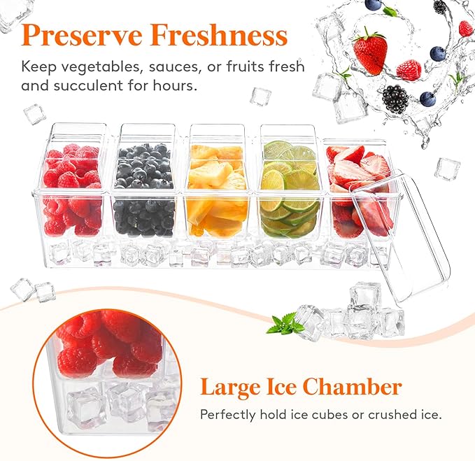 Lifewit 4 Pack Ice Chilled Condiment Caddy with 5 Containers(2.5 cup), Condiment Server with Separate Lids, Serving Tray Platter for Bar Accessories, Fruit, Salad, Taco, Party Garnish