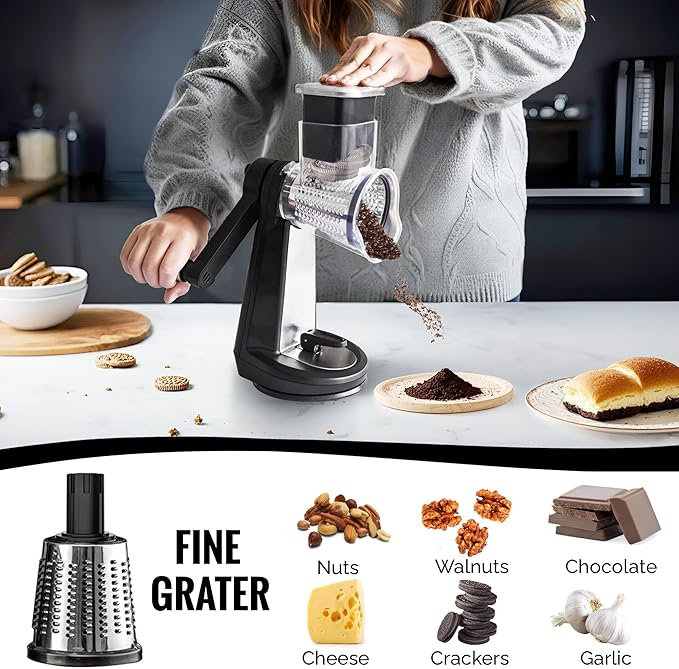 Joined Stainless Steel Rotary Cheese Grater with Elevated Stand and 5 Qt Mixing Bowl - Mandoline Slicer with 3 Stainless Steel Drum Blades-Cheese Shredder Round Mandoline & Food Chopper with Peeler
