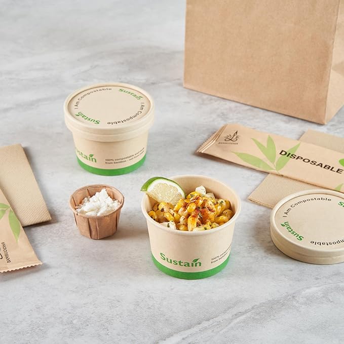 Restaurantware-Sustain 4 Ounce Paper Soup Containers, 50 Disposable Ice Cream Cups - Lids Sold Separately, With PLA lining, Bamboo To Go Hot Soup Bowls, Compostable, Greaseproof