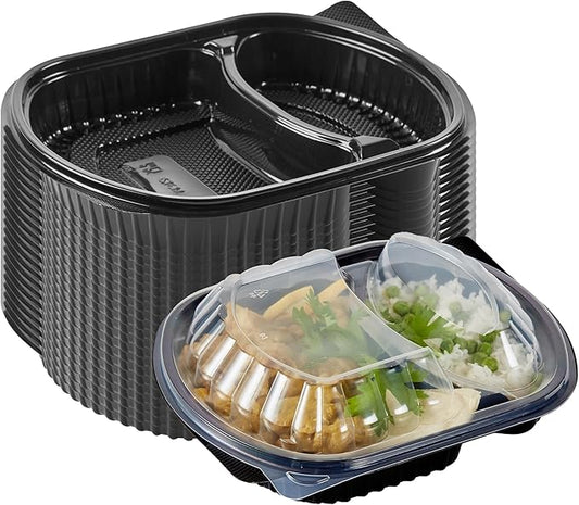 RW Base 28 Ounce Meal Prep Containers, 100 Microwavable To Go Containers With Lids - 2 Compartments, Disposable, Black Plastic Oval Food Containers, For Hot And Cold Food, Freezable - Restaurantware