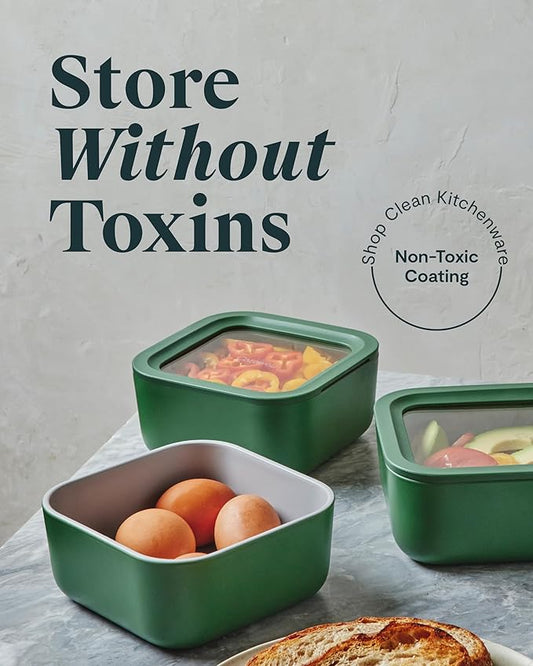 Caraway Glass Food Storage - 4.4 Cup Glass Container - Ceramic Coated Food Container - Non Toxic, Non Stick Lunch Box Container with Glass Lids. Dishwasher, Oven, & Microwave Safe - Sage