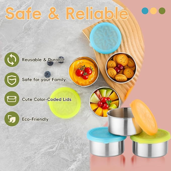 Stainless Steel Snack Containers for Kids Salad Dressing Container To Go Small Snack Box with Silicone Lids Easy Open LeakProof Reusable Metal Toddler Lunch Box for School