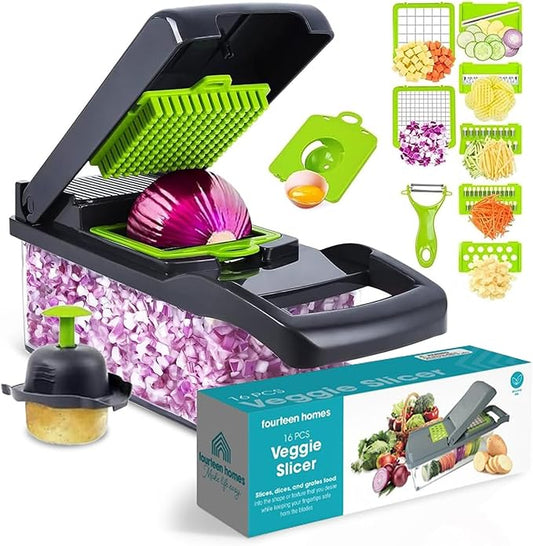 Fourteen Homes Vegetable Chopper with Container - Cheese Grater - Mandoline Slicer for Veggies, Onions, Fruit, Potatoes - Salad Slicer -14 in 1 Veggie Chopper