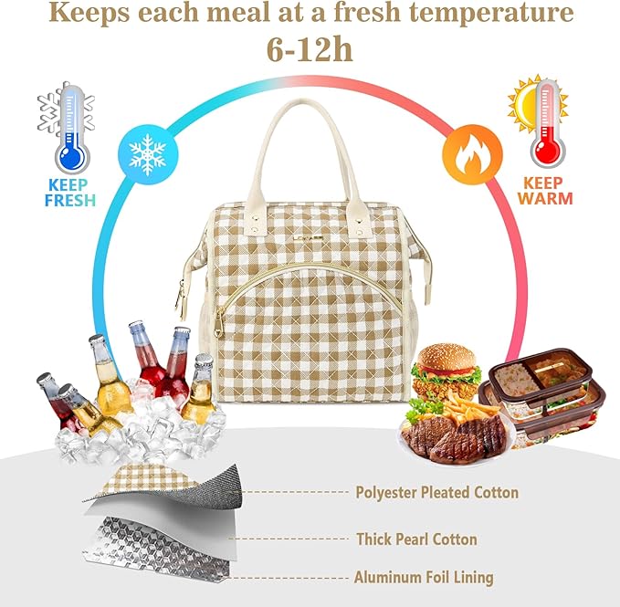 LOKASS Insulated Lunch Bag Women- Reusable 10 L Lunch Box for Women - Leakproof Tote Cooler Bag for Adults Work, Beach, Travel, Picnic （Brown&White Diamond Grid）