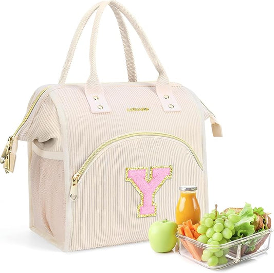 Personalized Initials Lunch Box for Women& Men, Preppy Reusable 10 L Insulated Lunch Bag, Leakproof Large Ydults lunch tote Cooler Bags Insulated for Beach,Travel,Work, Picnic-Birthday Gifts（Beige Y）