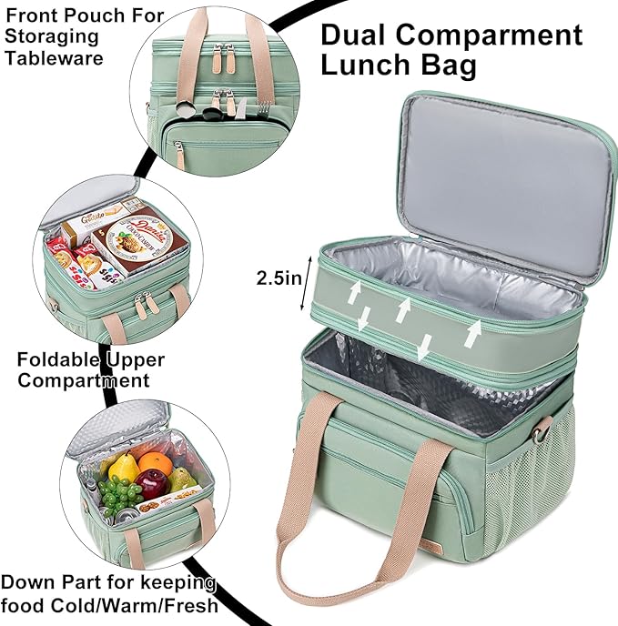 Weitars Insulated Lunch Box for Women Men-Dual Compartment Waterproof Reusable Large Lunch Bag for Women Wide-Open Tote Cooler Bag For Working Picnic Hiking (15L) (Green)