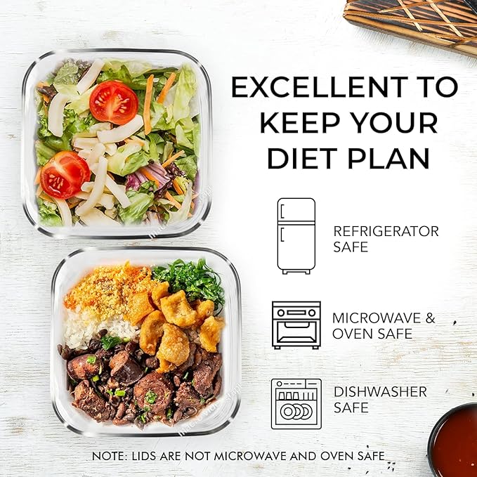 Razab 2 PC 1200ML / 42 Oz Glass Food Storage Containers with Lids - Airtight & Leakproof - Microwave/Oven/Freezer Safe - BPA Free - Ideal for Meal Prep, Storing Leftover & Lunch