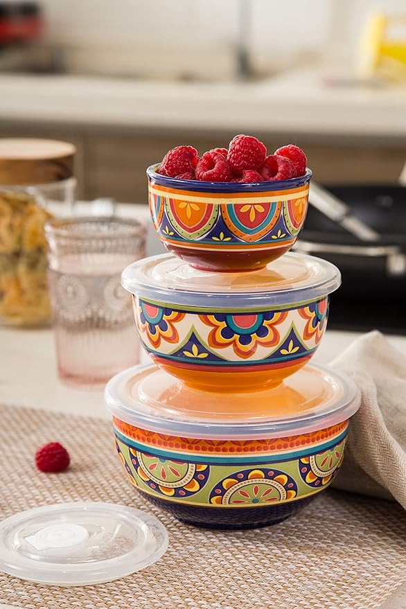 Bico Tunisian Ceramic Bowl with Air Tight Lid Set of 3(27oz, 18oz, 9oz each), Prep bowls, Food Storage Bowl for Salad, Snacks, Fruits, Microwave and Dishwasher Safe