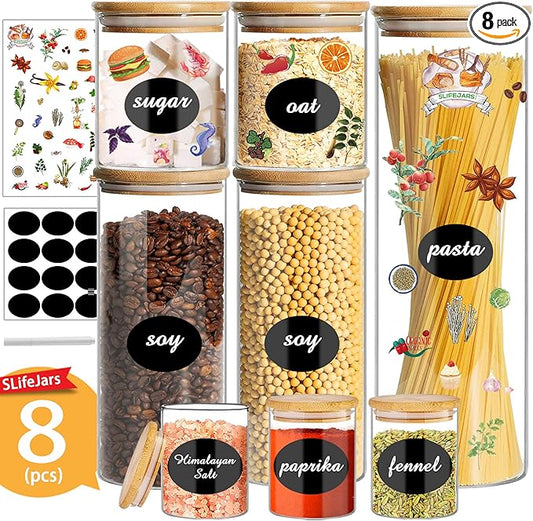 SLifeJars Glass Jars with Bamboo Lids 8pcs Mixed Sizes, Glass Food Storage Jars for Kitchen, Glass Storage Jars with Bamboo Lids, Stackable Food Storage Containers for Herbs, Rice, Pasta, etc.