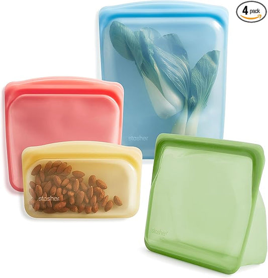 Stasher Premium Silicone Reusable Food Storage Bags, 4-Pack, Rainbow, Multi-Use Food Storage Bags, Lunch Bag, Travel Containers, BPA Free, Leak-free, Dishwasher-Safe, Eco-friendly