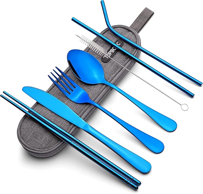 Portable Stainless Steel Flatware Set, Travel Camping Cutlery Set, Portable Utensil Travel Silverware Dinnerware Set with a Waterproof Case (Blue)