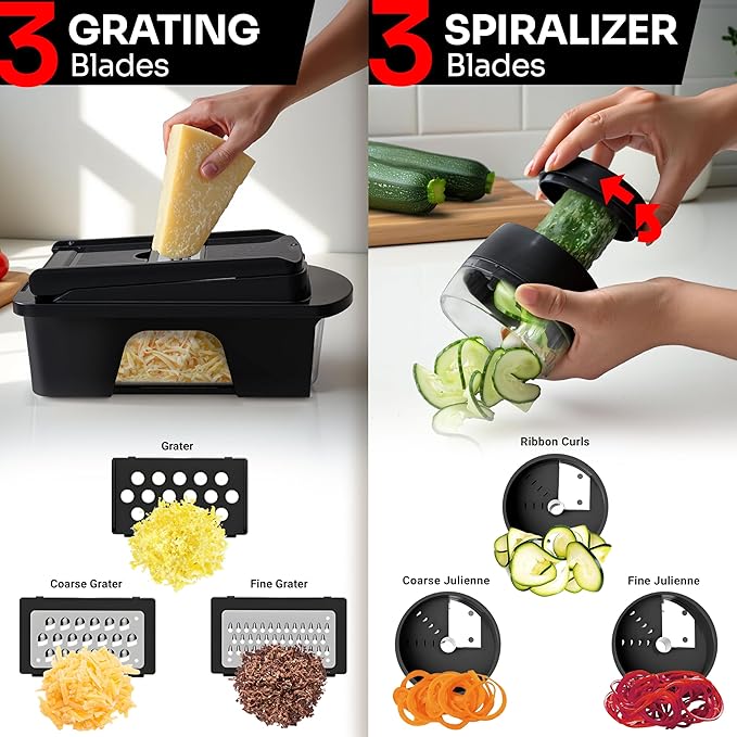 Mueller ULTIMATE 12 Blade Vegetable Chopper, Mandoline Slicer and Spiralizer, Dicer, Grater, Kitchen Essentials & Accessories, Black